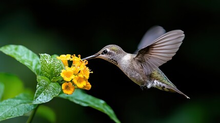 Naklejka premium Hummingbird Feeding on Yellow Flowers