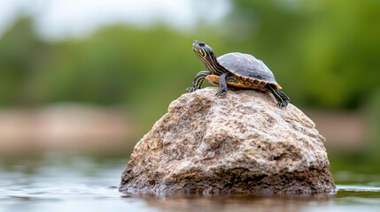 Juvenile Turtle on Rock, Pond Nature Wildlife