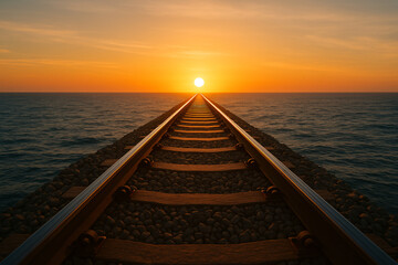 Railway and sunrise, sea, ocean, 4K wallpaper