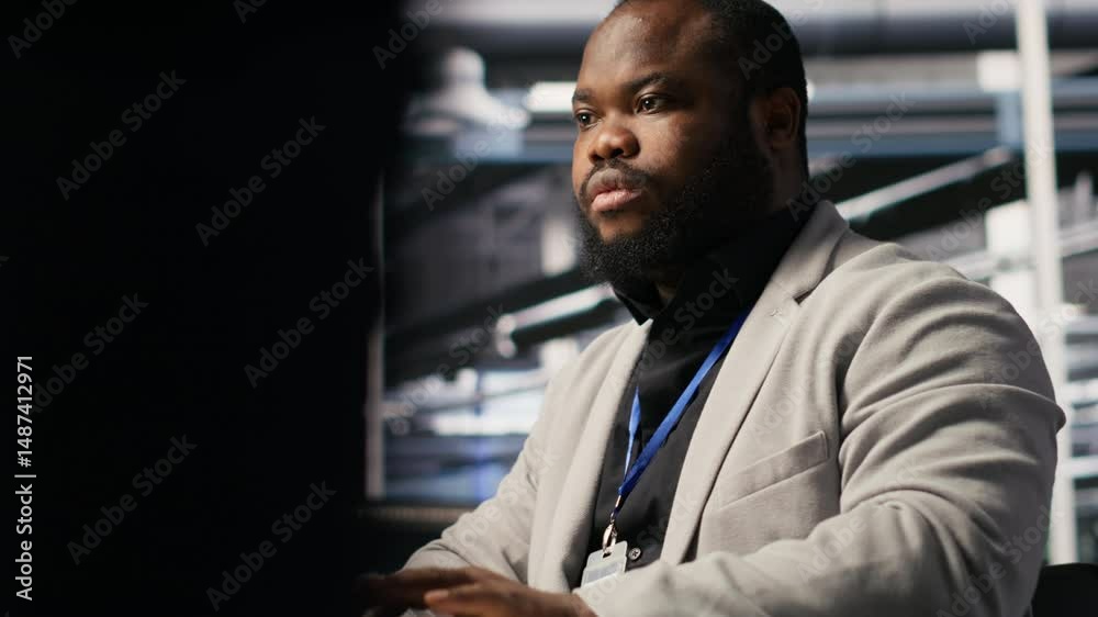 Poster data center computer scientist monitoring servers performing ai training and inference tasks. africa