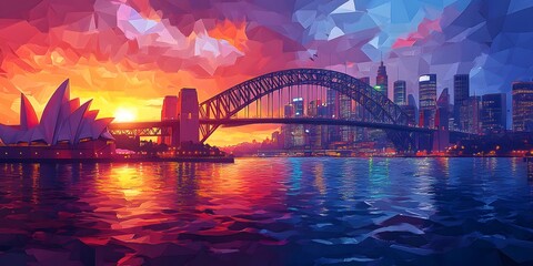 Obraz premium Colorful geometric cityscape at sunset over water.