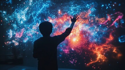 Child Reaching Out to Cosmic Universe with Colorful Galaxy Projection