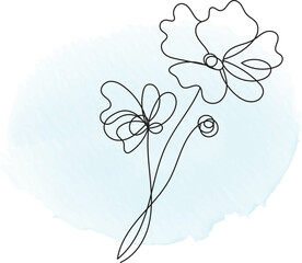 Elegant Single Line Drawing of Flowers on a Light Blue Watercolor Background