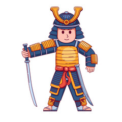 illustration a cartoon-style samurai warrior dressed in traditional Japanese armor. The samurai is depicted holding a katana sword in one hand.