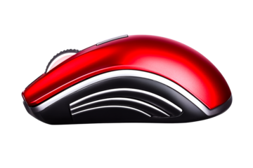 Modern red computer mouse, ergonomic shape, device, cut out transparent
