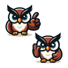 Cute owl mascot cartoon character for animal vector logo, fantasy bird illustration, modern wildlife design, adorable predator clipart, nocturnal art, education magic wings symbol