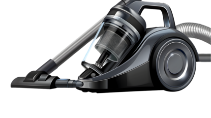 A sleek gray canister vacuum cleaner with a transparent dust container on a transparent background studio shot