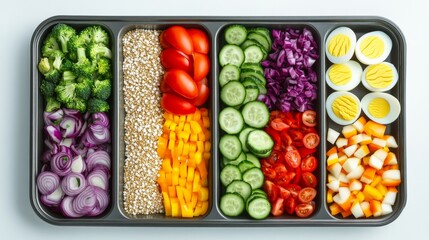 Top view meal prep flat lay with rainbow vegetables, grains, and boiled eggs arranged by color