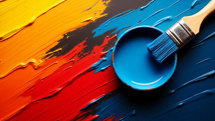 Vibrant Artistic Close-Up of Paintbrush and Colorful Palette on Bold Abstract Background