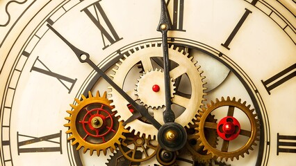 Obraz premium Intricate Vintage Clock Face with Exposed Gears and Roman Numerals for Timeless and Steampunk Graphic Design Inspirations