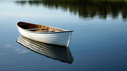 Obraz premium A white boat floating on calm water with a wooden deck and a reflection in the water.