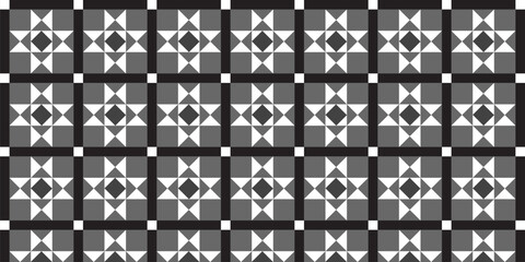 Seamless geometric tile pattern with star motifs in grayscale, ideal for backgrounds, textiles, and digital design.