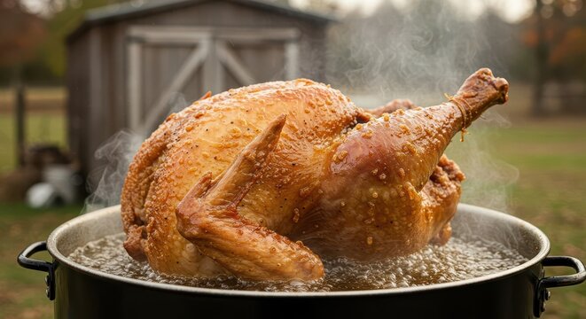 Crispy Golden Turkey Being Deep Fried Outdoors in Autumn with Steam Rising Amidst a Natural Rustic Setting