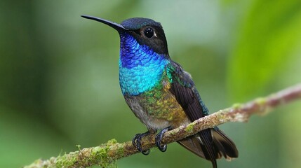 Obraz premium Vibrant hummingbird with iridescent blue and green plumage perched on a branch