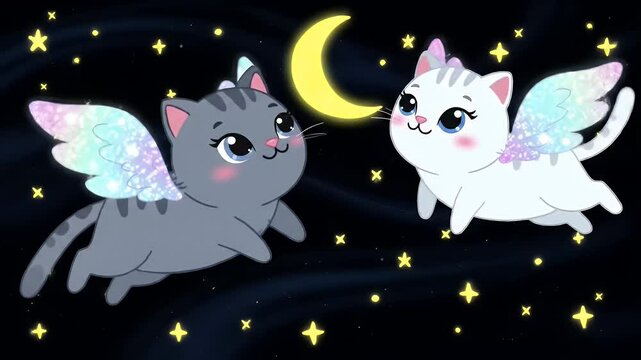 Cartoon Flying Winged Kitten with Stars and Moon in the Dark Sky Illustration