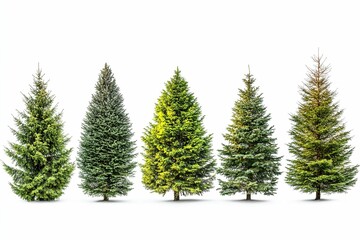 Obraz premium A row of five evergreen trees with different shades of green. , isolated on white background.
