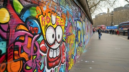 Vibrant street art mural on a city wall, featuring colorful graffiti and a cartoon character