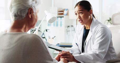 Senior patient, doctor and holding hands for support, healthcare or cancer diagnosis on tablet....