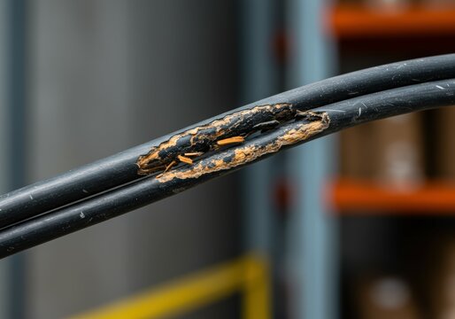 Rodent Damage to Electrical Cable Close-up View of Severely Chewed Insulation and Exposed Wires