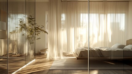 glass-enclosed bedroom space with sunlight streaming through sheer curtains, calm modern tones throughout