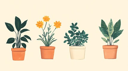 Fototapeta premium Four potted plants illustration with orange and green leaves