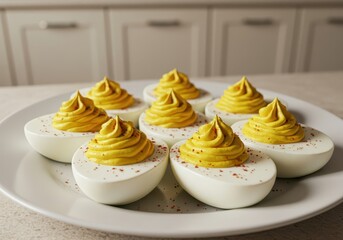 Delicious Deviled Eggs with Yellow Filling and Garnish Steaming on Plate in Kitchen with Light Background Perfect for Appetizers and Gatherings