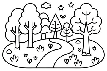 A hand drawn pathway winds through trees under stars and clouds above nature