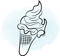 Simple Line Drawing of Ice Cream Cone on Watercolor Background
