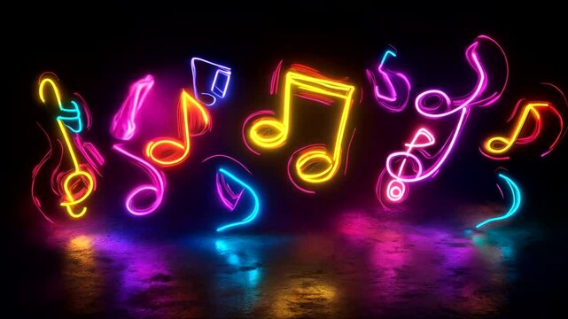 Neon music notes on dark background.