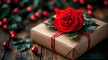 A beautifully wrapped gift sits on a dark wooden surface, adorned with a vibrant red rose