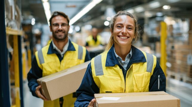 Organized warehouse with ambient lighting, two logistics team members passing box with professionalism and joy. - Powered by Adobe