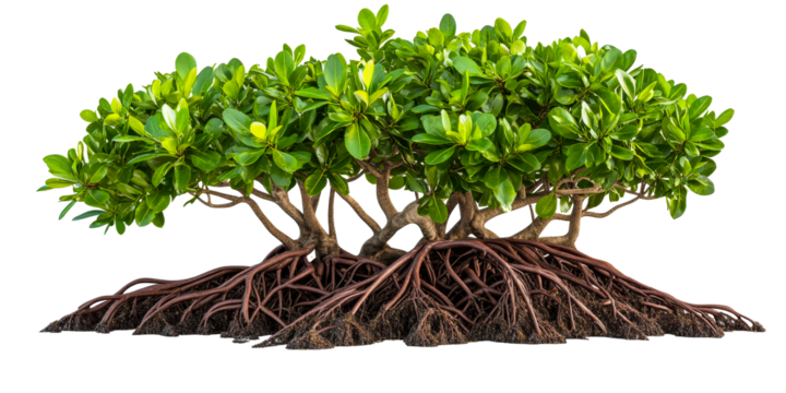Mangrove plant aerial root system, evergreen foliage, cut out transparent