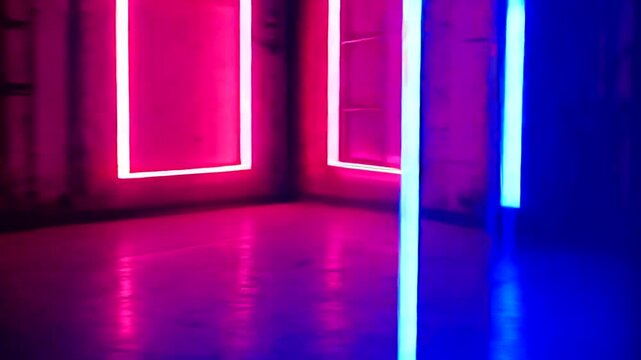 Neon lights framing empty doorways in a dark room.