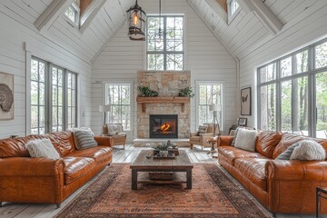 Cozy family room in large white farmhouse with stone fireplace, vaulted white ceiling, white oak flooring, tan leather couches, vintage pendant lights, and wood paneling.