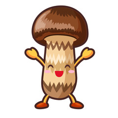 ル	両手を挙げるかわいいマツタケのキャラクターのイラスト