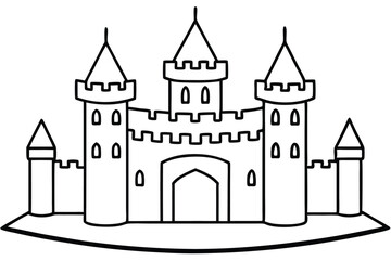 Obraz premium An outlined majestic fairytale castle structure features crenellations, arched doors, and pointed towers
