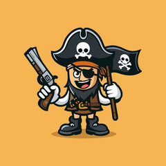 Pirate mascot logo vector character illustration for adventure badge cartoon captain hero treasure beard weapon ship sword scary man funny sailor animated fantasy legend crew explorer style

