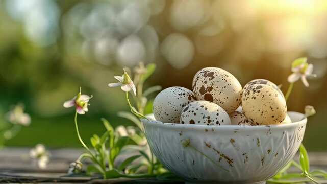 quail eggs in a bowl in a white bowl on a wooden table. Selective focus