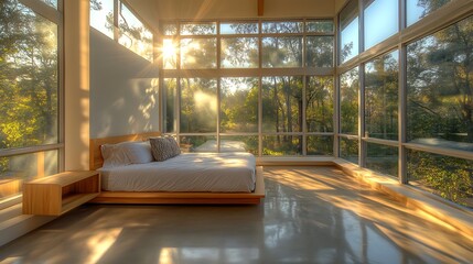 glass-walled bedroom with large windows, sunrays highlighting the minimalist bed and light wood elements