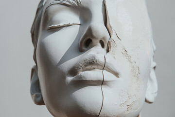 A close-up shot of a plaster sculpture of a woman's face with a crack running down the middle. Generative AI