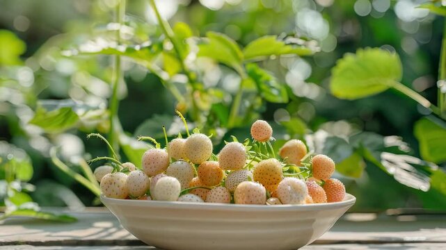 white strawberries in a white bowl on the table. Selective focus