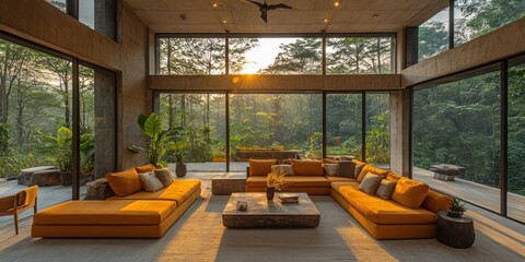 Fototapeta premium Modern Smart Home Featuring Floor-to-Ceiling Windows and Natural Scenery