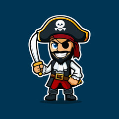 Pirate mascot badge cartoon illustration vector for adventure captain costume treasure sailor man funny scary legend hero ship sword beard character animated ocean symbol expression explorer