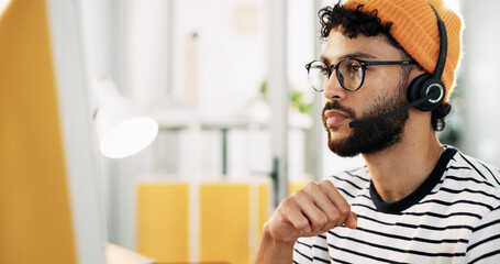 Serious, agent and man with headset, call center and communication with microphone and customer...