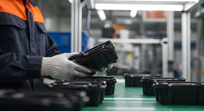 Worker inspecting plastic components on conveyor line