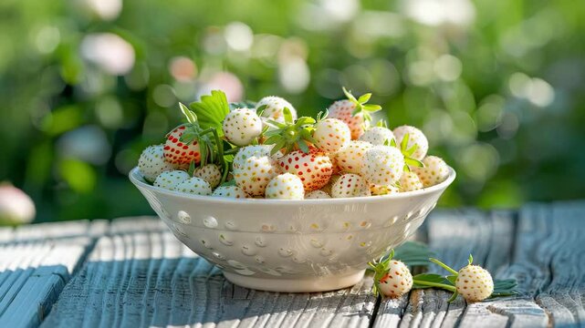 white strawberries in a white bowl on the table. Selective focus
