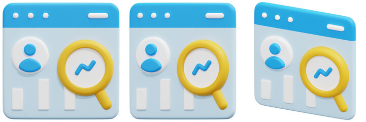 Set of Data Analytics Webpage Interface Showing User Profile, Magnifying Glass on Growth Chart, and Light Blue Background 3d Render Icon Illustration