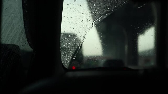 young man driving a car, time lapse of a car driving in the city, rear view of a car,  rain drops on window