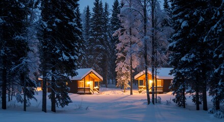Cabins in snowy forest at dusk