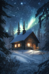 Cozy log cabin surrounded by snow covered trees starry sky, illuminated by northern lights, evokes sense of wonder